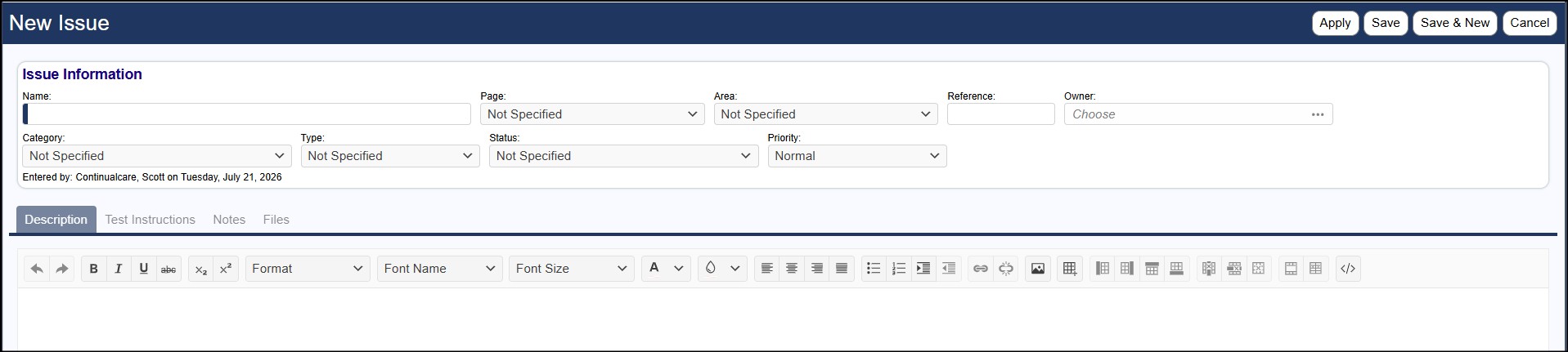 New Issue Tracker Entry